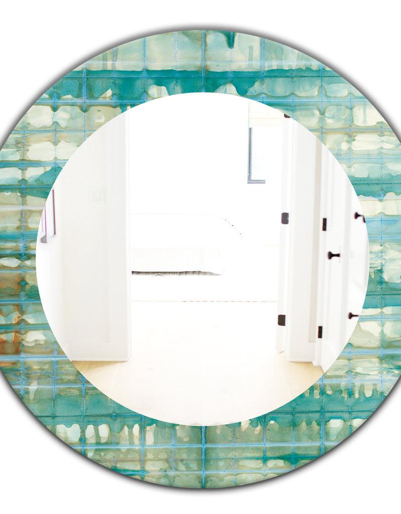 DesignQ Turquoise Watercolor Geometrical VIII - Mid-Century Mirror - Oval Or Round Wall Mirror