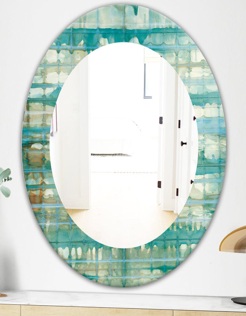 DesignQ Turquoise Watercolor Geometrical VIII - Mid-Century Mirror - Oval Or Round Wall Mirror