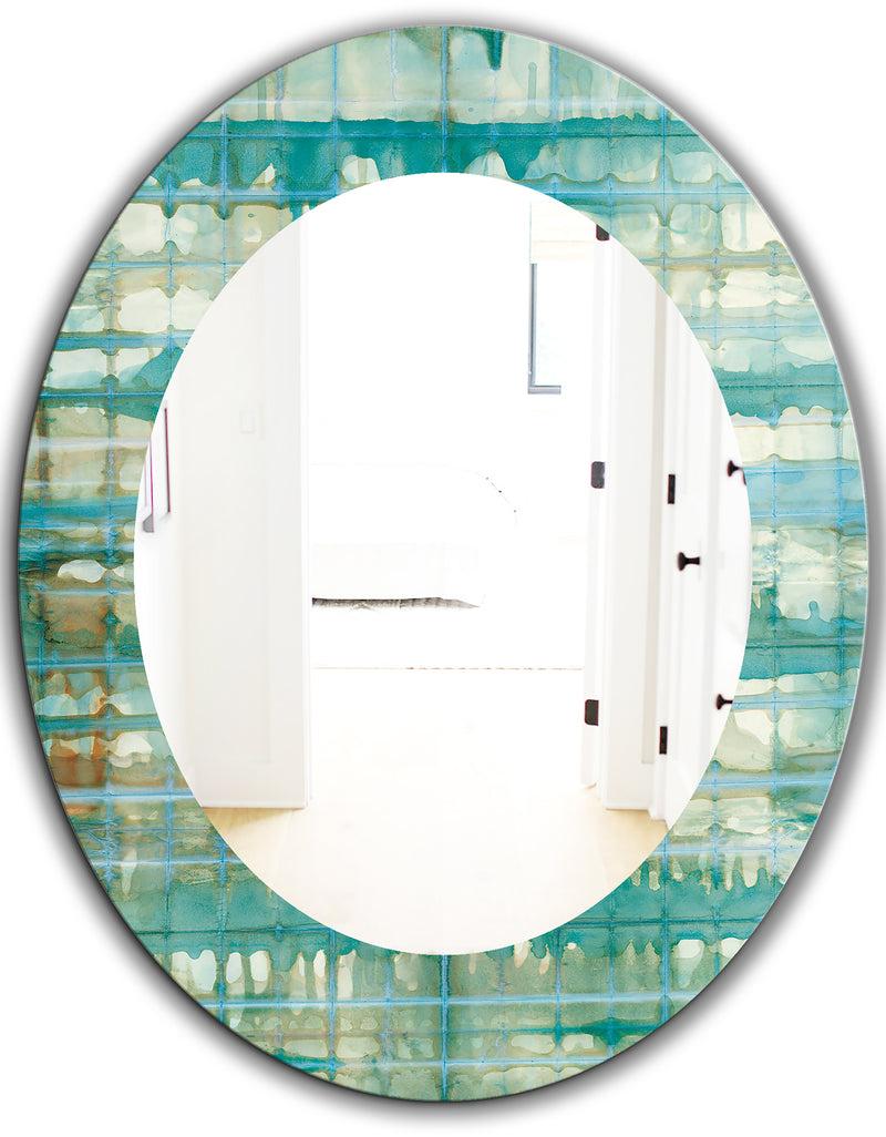 DesignQ Turquoise Watercolor Geometrical VIII - Mid-Century Mirror - Oval Or Round Wall Mirror