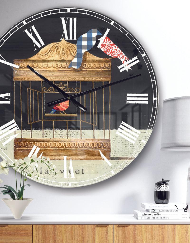 DesignQ Tweet Gold Birdcage Collage - Traditional Large Wall CLock