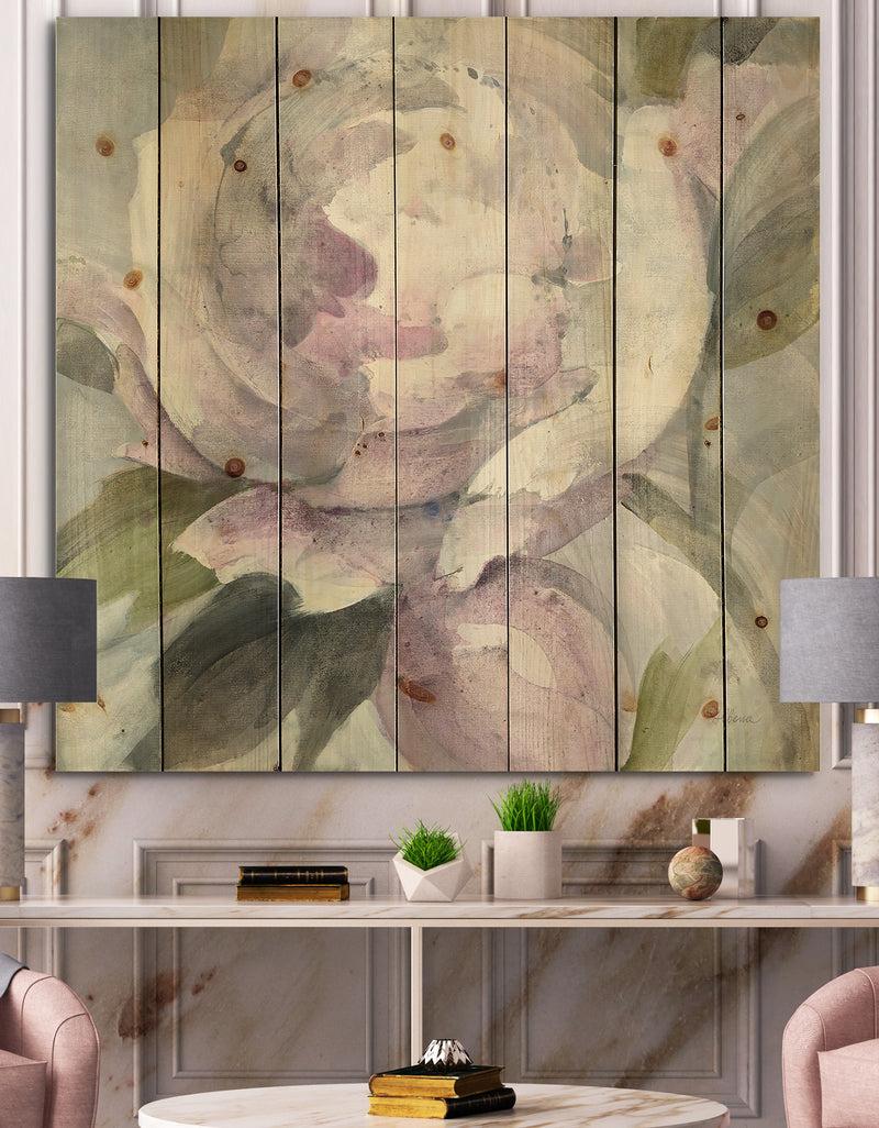 DesignQ Twilight Peony - Shabby Chic Print on Natural Pine Wood