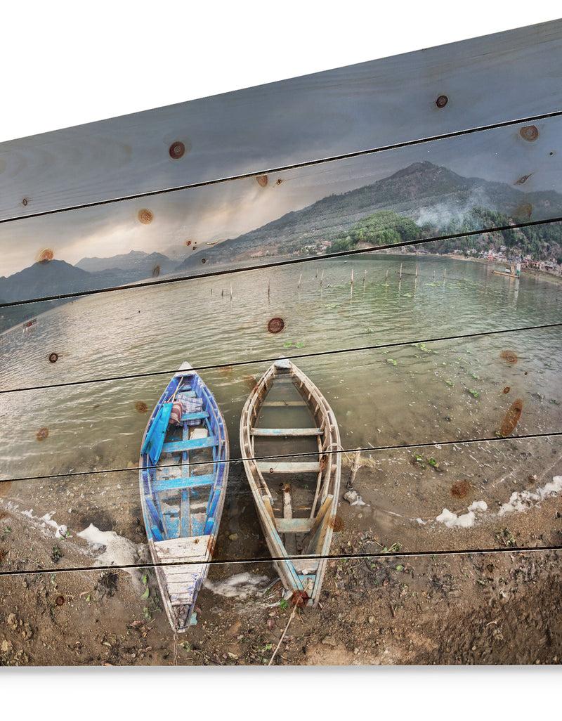 DesignQ Two Boats Near Pokhara Lake - Boat Print On Natural Pine Wood