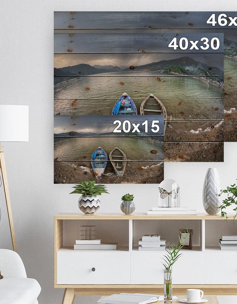 DesignQ Two Boats Near Pokhara Lake - Boat Print On Natural Pine Wood