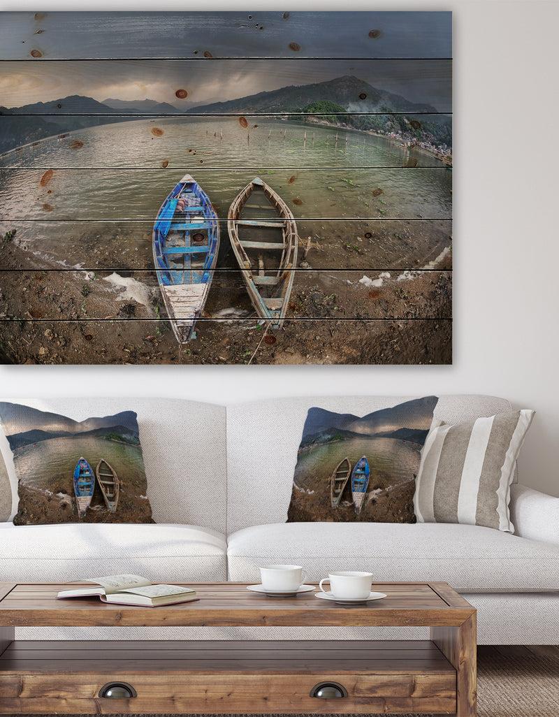 DesignQ Two Boats near Pokhara Lake - Boat Print on Natural Pine Wood