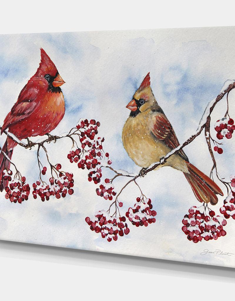 DesignQ Two Cardinals And Snowy Winter Berries - Cottage Premium Canvas Wall Art
