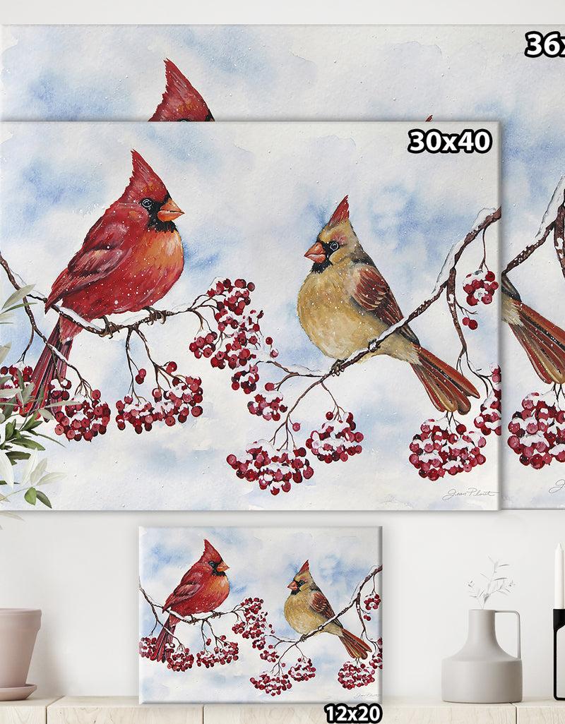 DesignQ Two Cardinals And Snowy Winter Berries - Cottage Premium Canvas Wall Art