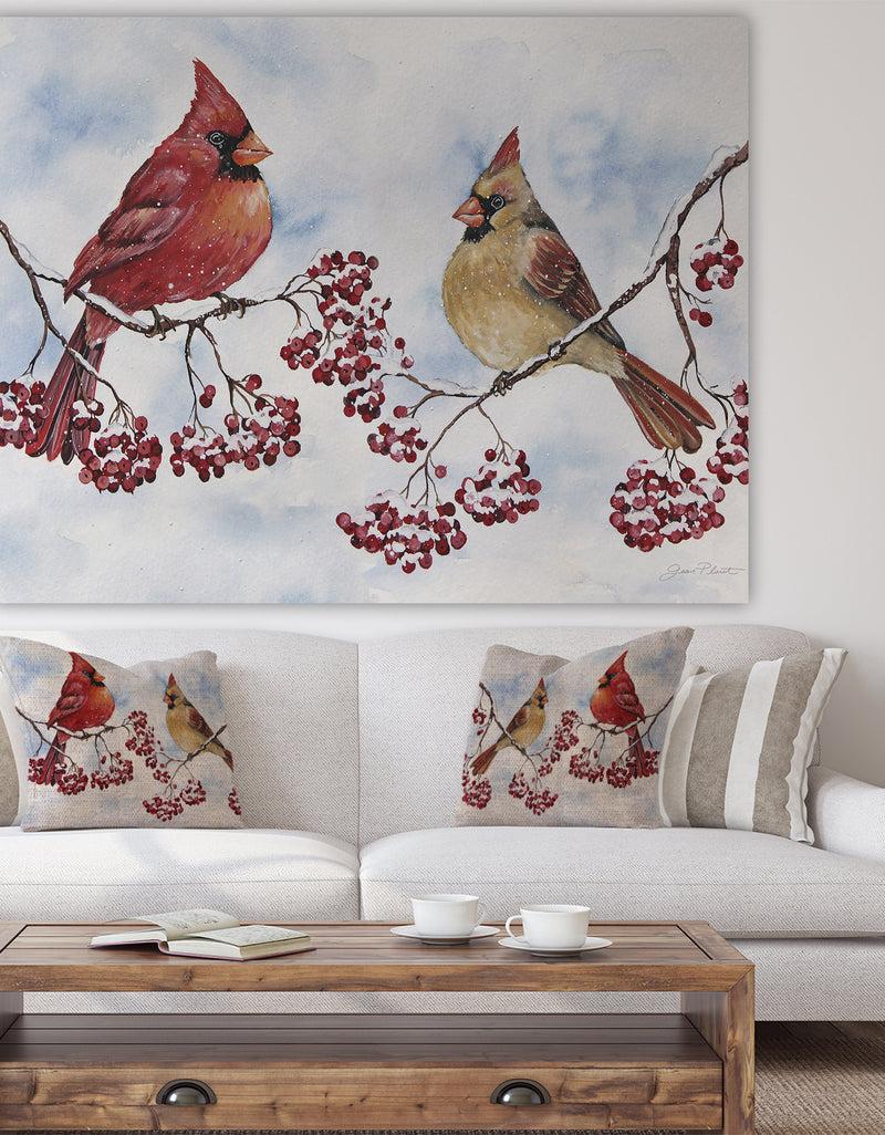 DesignQ Two Cardinals And Snowy Winter Berries - Cottage Premium Canvas Wall Art