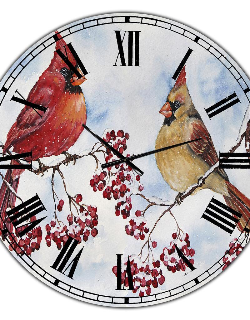 DesignQ Two Cardinals And Snowy Winter Berries - Oversized Cottage Wall Clock