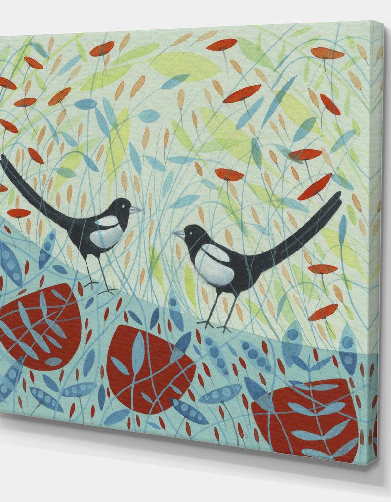 DesignQ Two Magpies In The Meadows - Cottage Canvas Art Print
