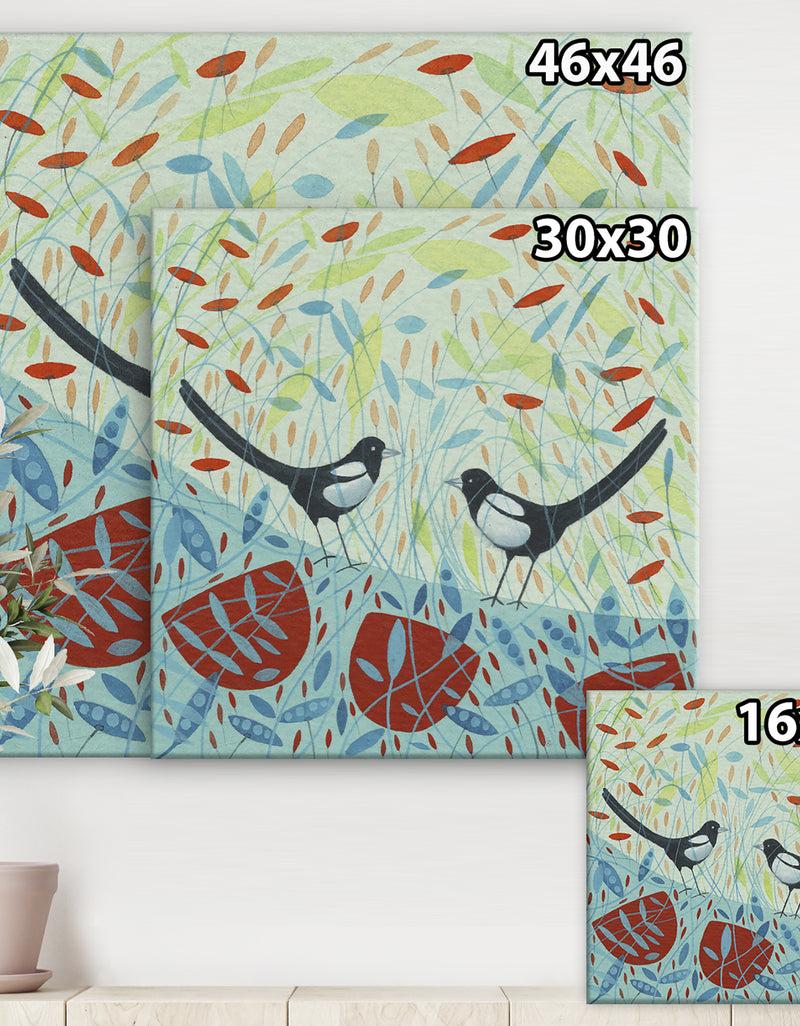DesignQ Two Magpies In The Meadows - Cottage Canvas Art Print