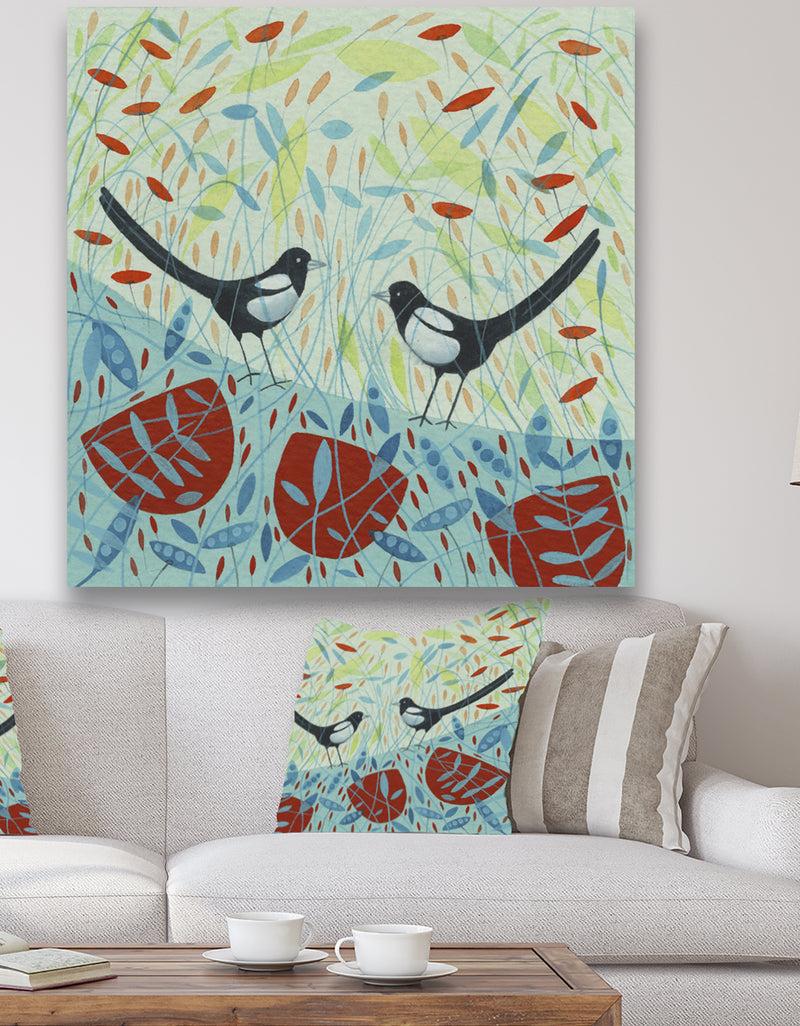 DesignQ Two Magpies In The Meadows - Cottage Canvas Art Print