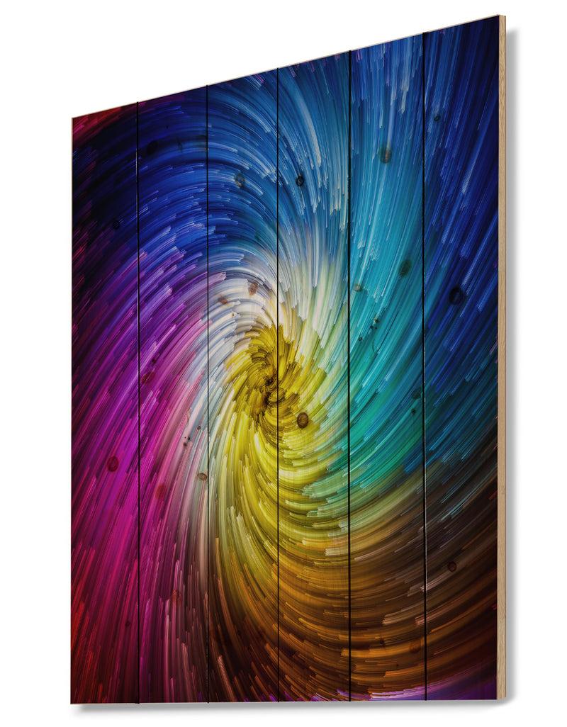 DesignQ Unfolding Of Vibrant Vortex - Contemporary Art Print On Natural Pine Wood