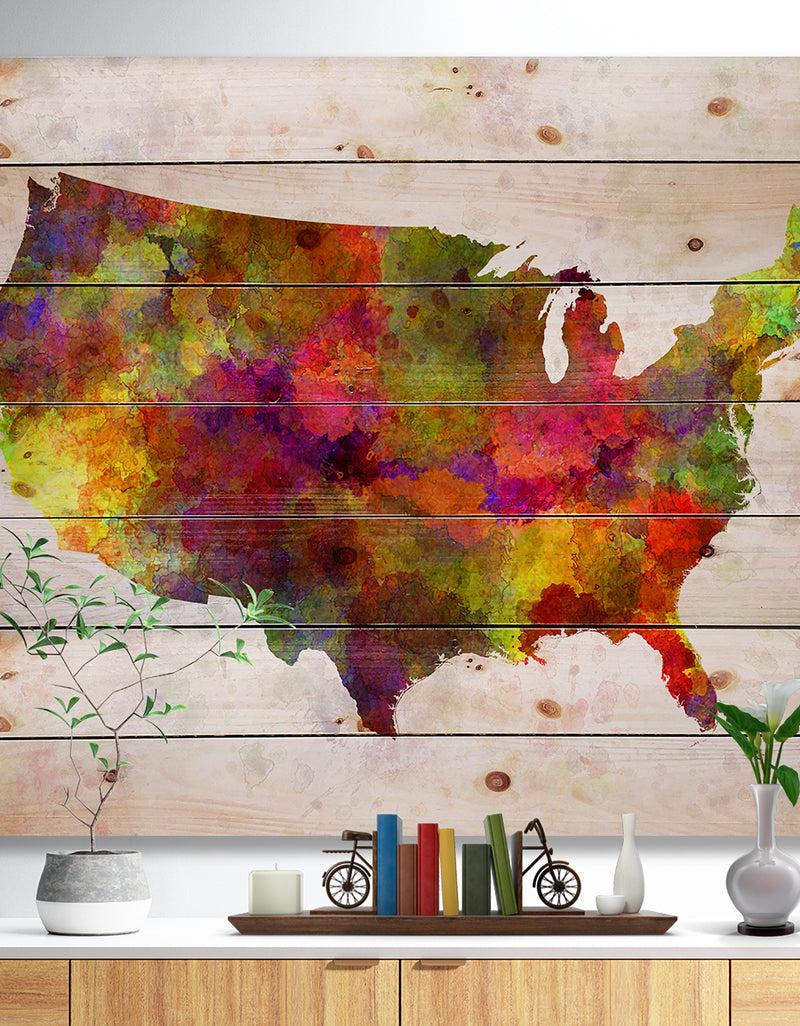 DesignQ United States Map in Colors - Watercolor Painting Print on Natural Pine Wood