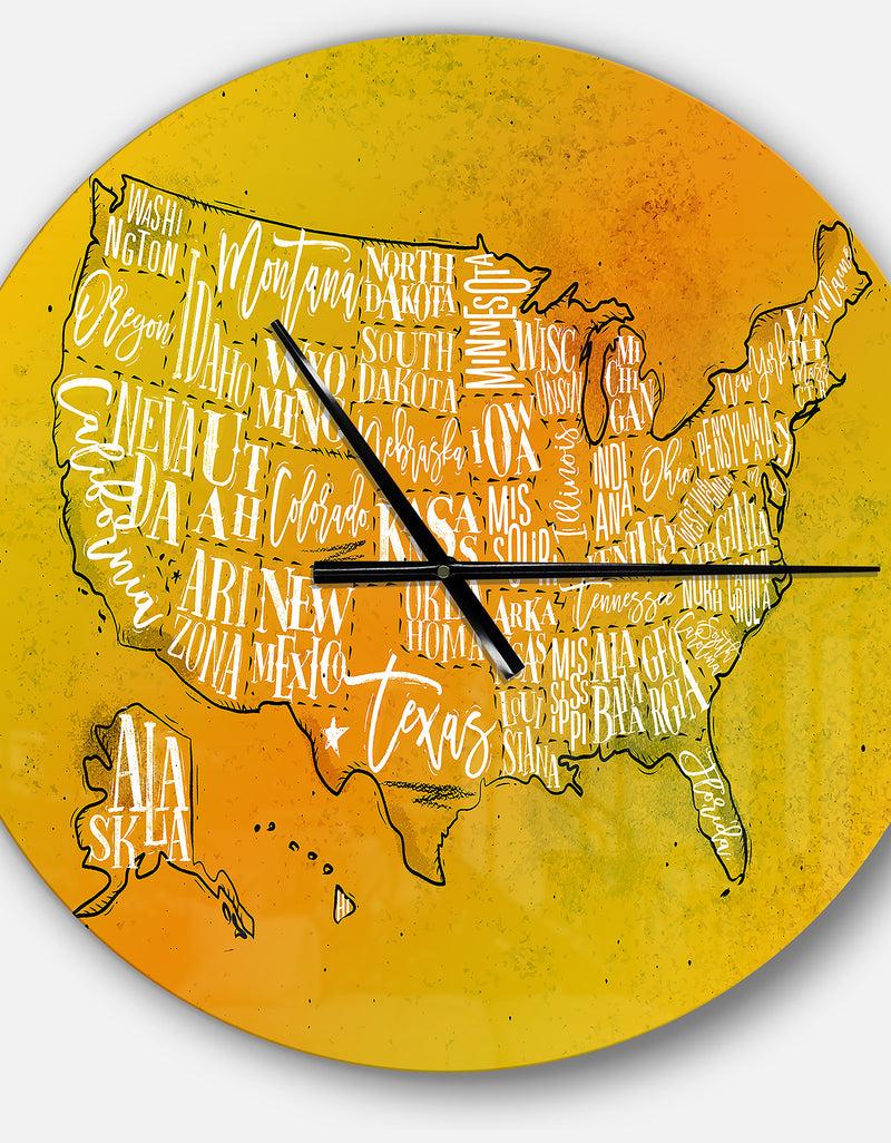 DesignQ United States Yellow Vintage Map - Oversized Contemporary Wall CLock