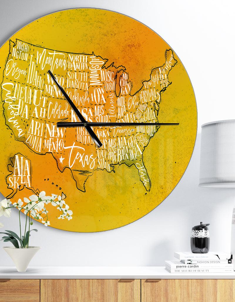 DesignQ United States Yellow Vintage Map - Oversized Contemporary Wall CLock