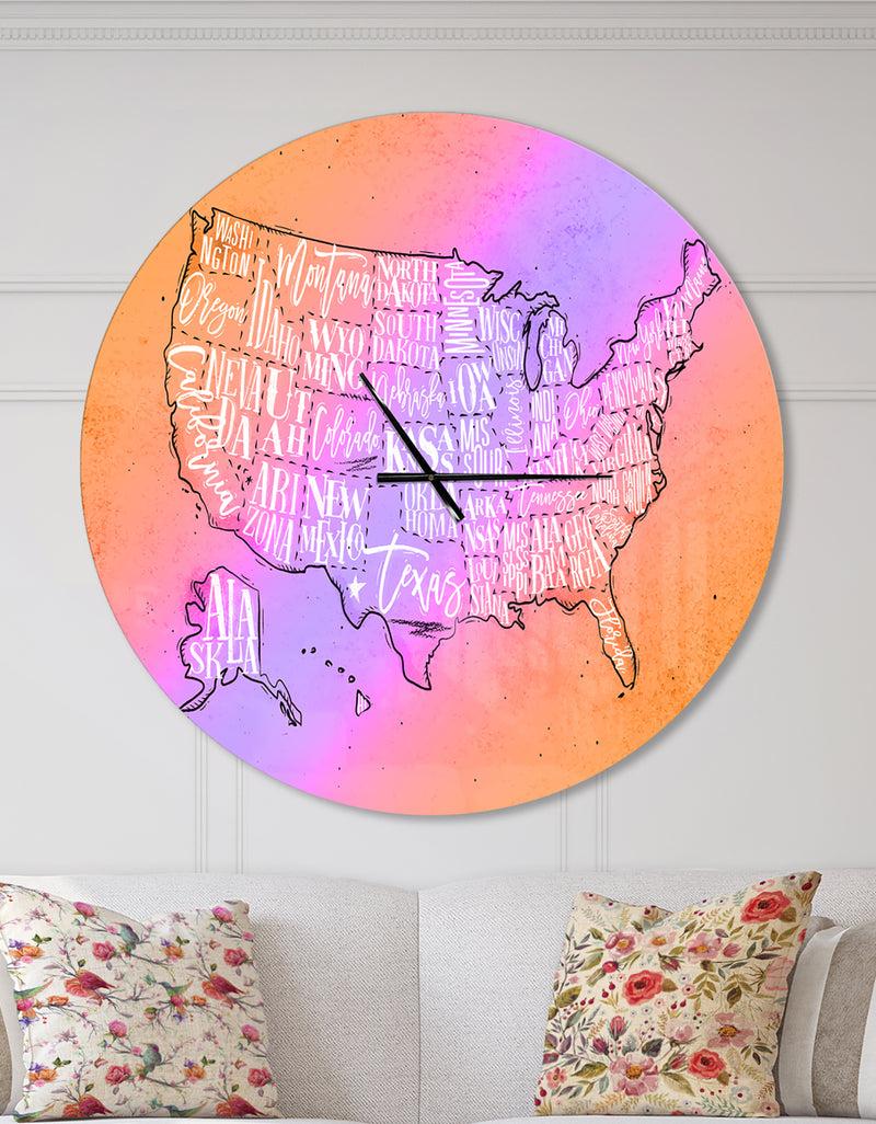 DesignQ United States Yellow Vintage Map - Oversized Farmhouse Wall CLock