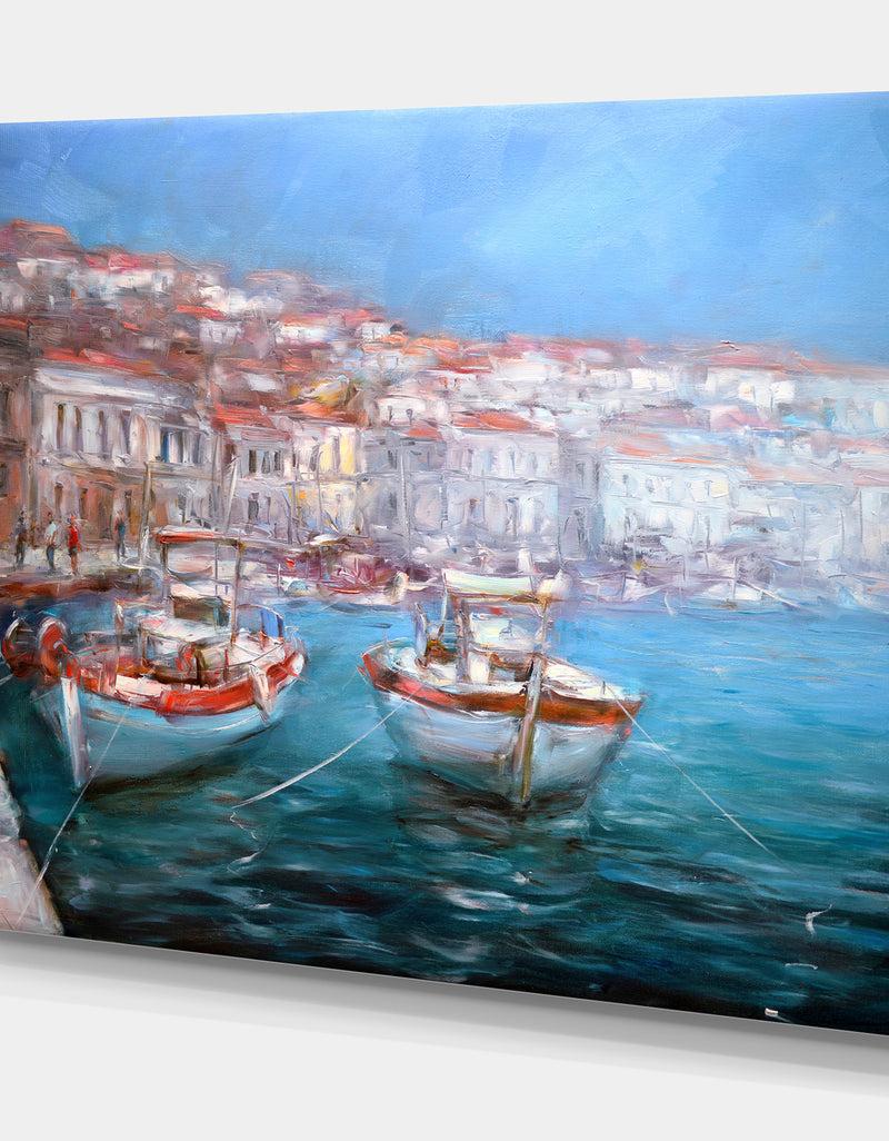 DesignQ Venice Italy Two Boats On The Island Harbor - Nautical Painting Print On Wrapped Canvas