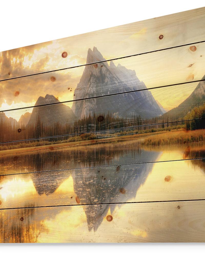DesignQ Vermillion Lake Sunrise In Banff Park - Landscape Print On Natural Pine Wood