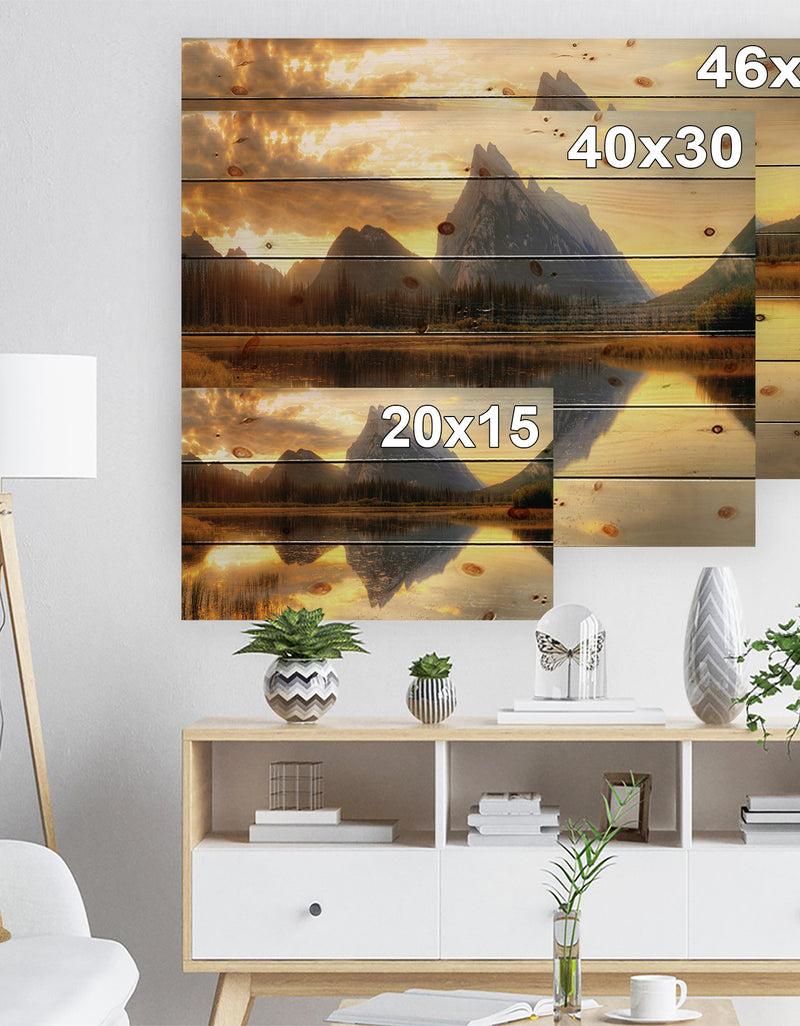 DesignQ Vermillion Lake Sunrise In Banff Park - Landscape Print On Natural Pine Wood