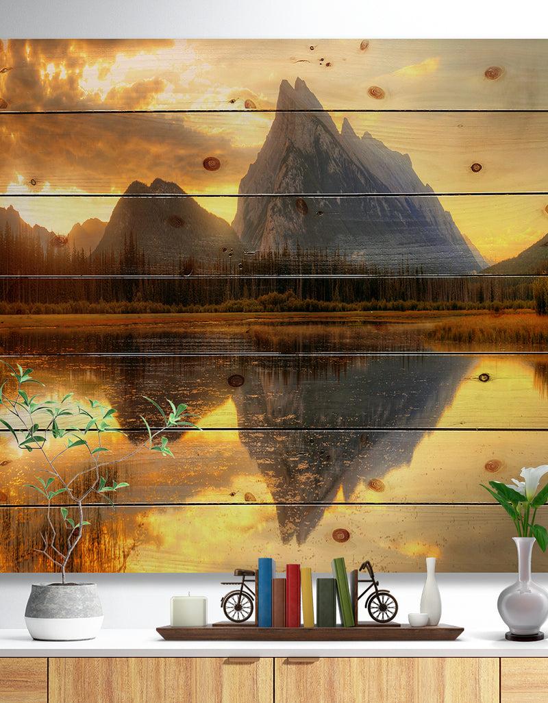 DesignQ Vermillion Lake Sunrise in Banff Park - Landscape Print on Natural Pine Wood