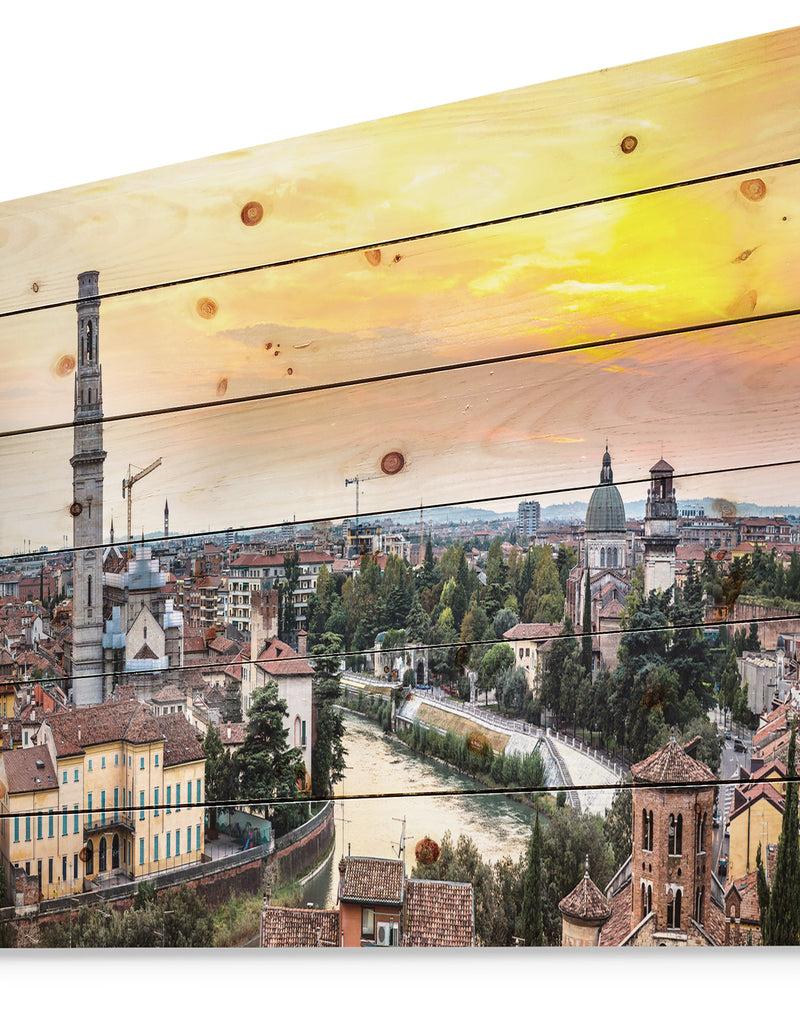DesignQ Verona At Sunset In Italy - Cityscape Print On Natural Pine Wood