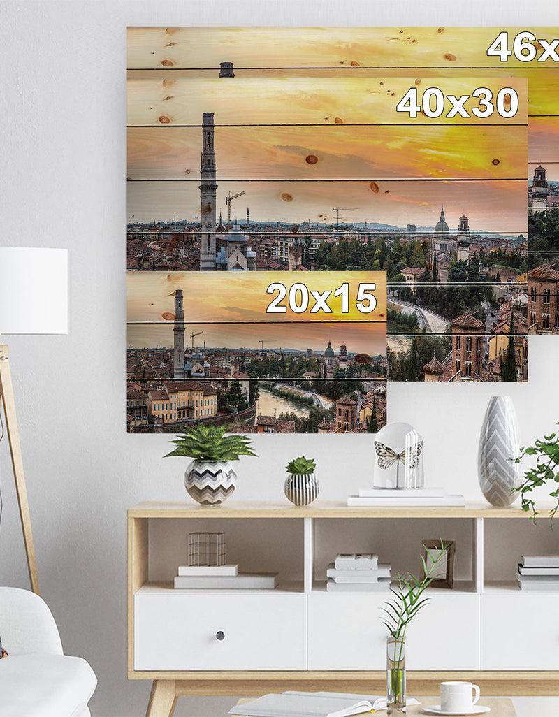 DesignQ Verona At Sunset In Italy - Cityscape Print On Natural Pine Wood