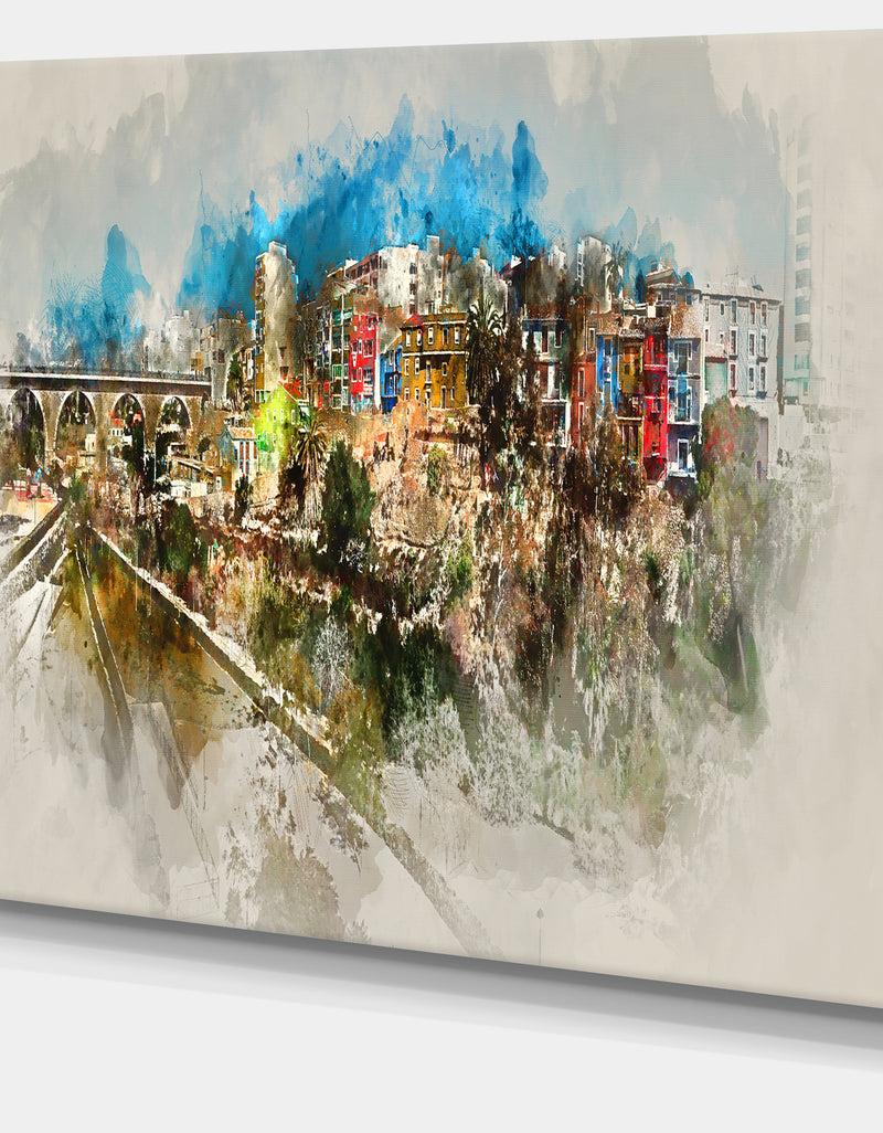 DesignQ Villajoyosa Town Watercolor - Cityscape Artwork Canvas