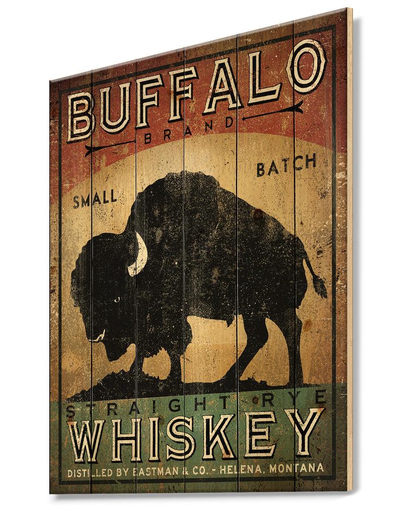 DesignQ Vintage Buffalo Whiskey - Wildlife Print On Natural Pine Wood