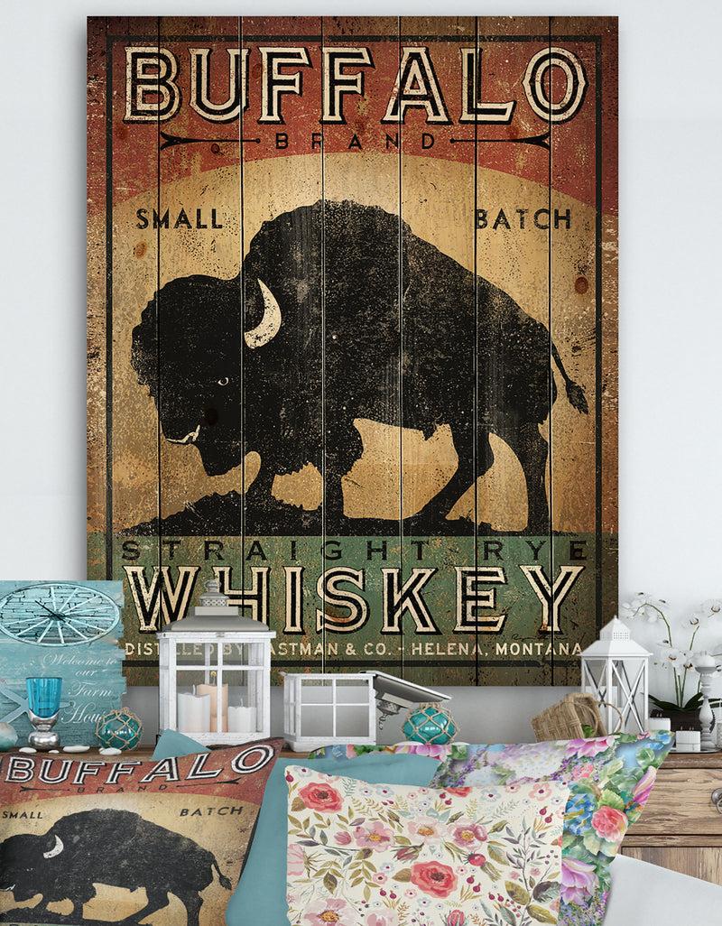 DesignQ Vintage Buffalo Whiskey - Wildlife Print on Natural Pine Wood