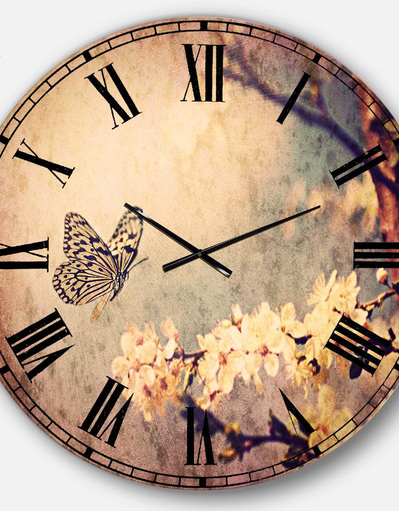 DesignQ Vintage Butterfly And Cherry Tree - Floral Large Wall CLock