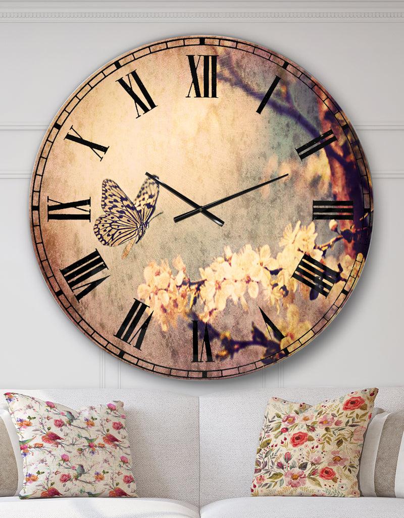 DesignQ Vintage Butterfly and Cherry Tree - Floral Large Wall CLock
