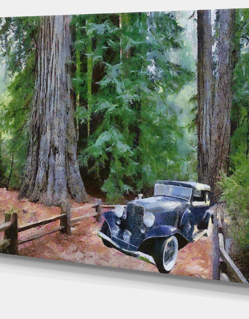 DesignQ Vintage Car In Forest - Landscape Painting Canvas Print