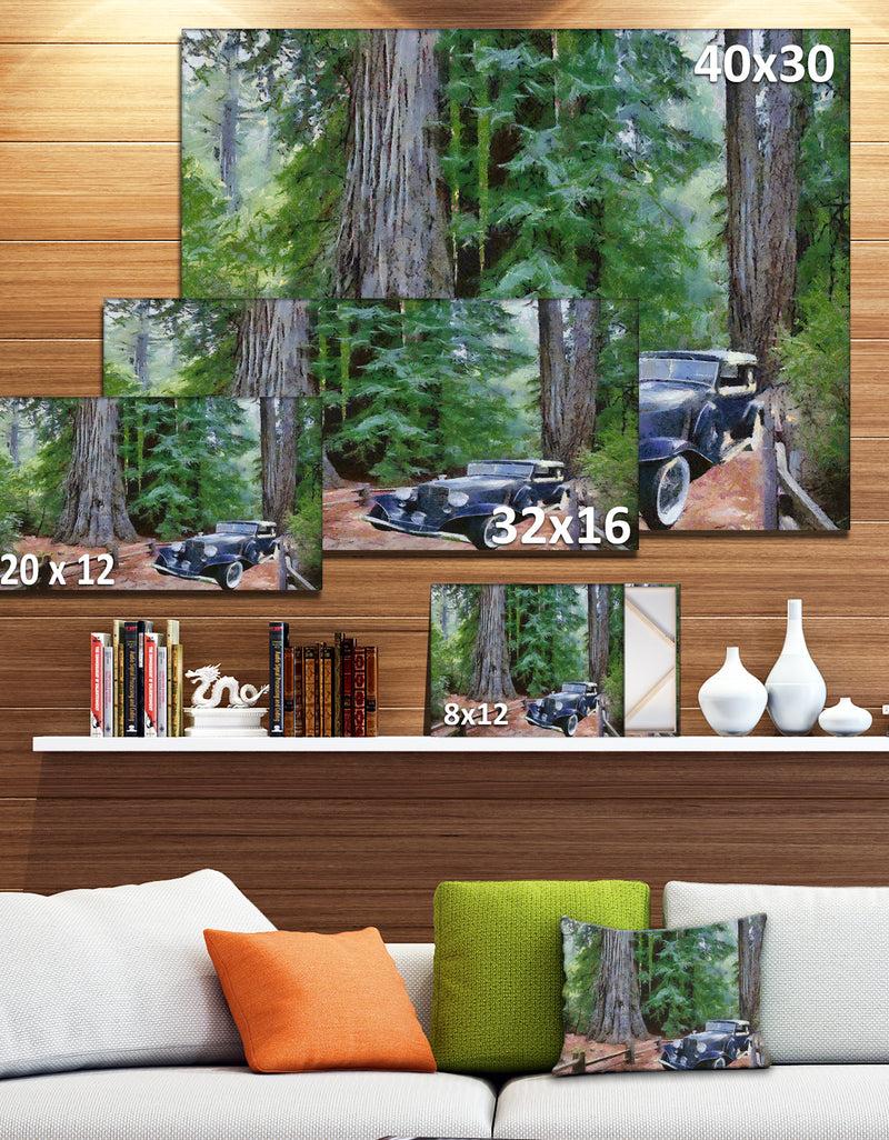 DesignQ Vintage Car In Forest - Landscape Painting Canvas Print