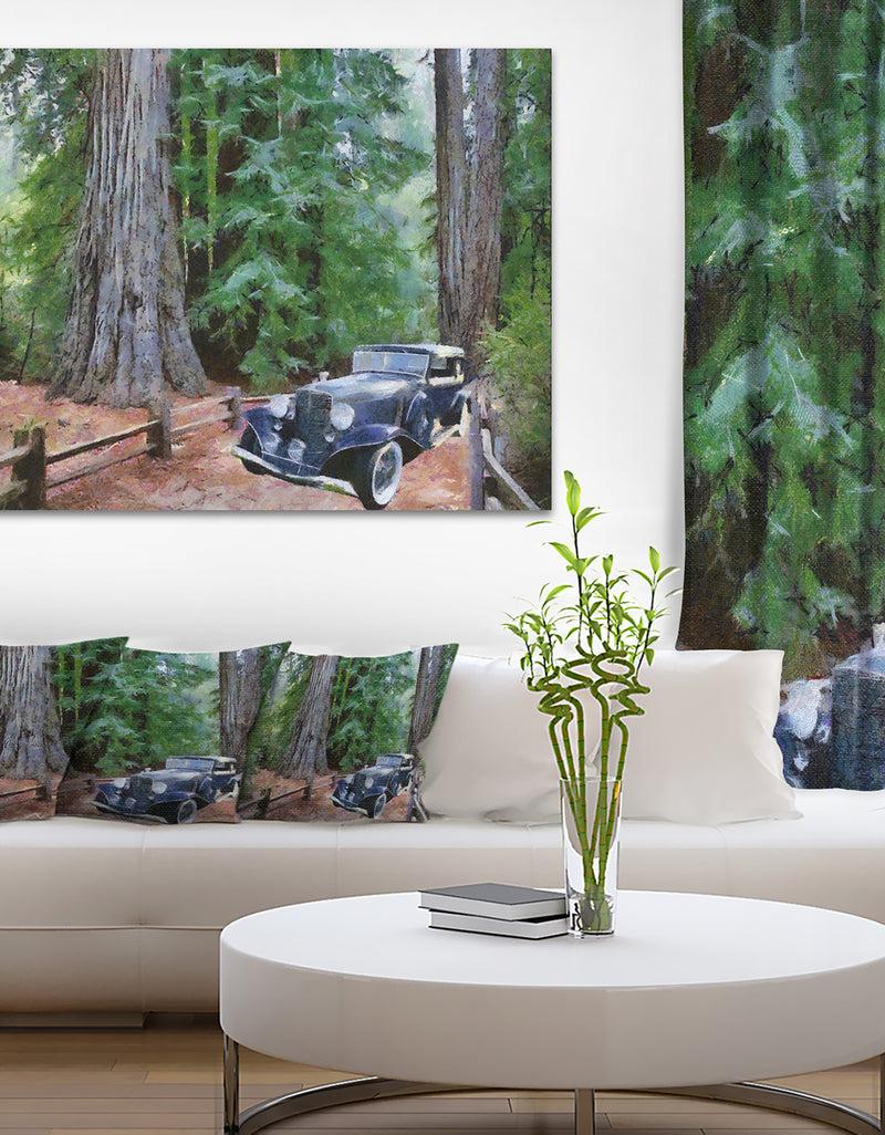 DesignQ Vintage Car in Forest - Landscape Painting Canvas Print