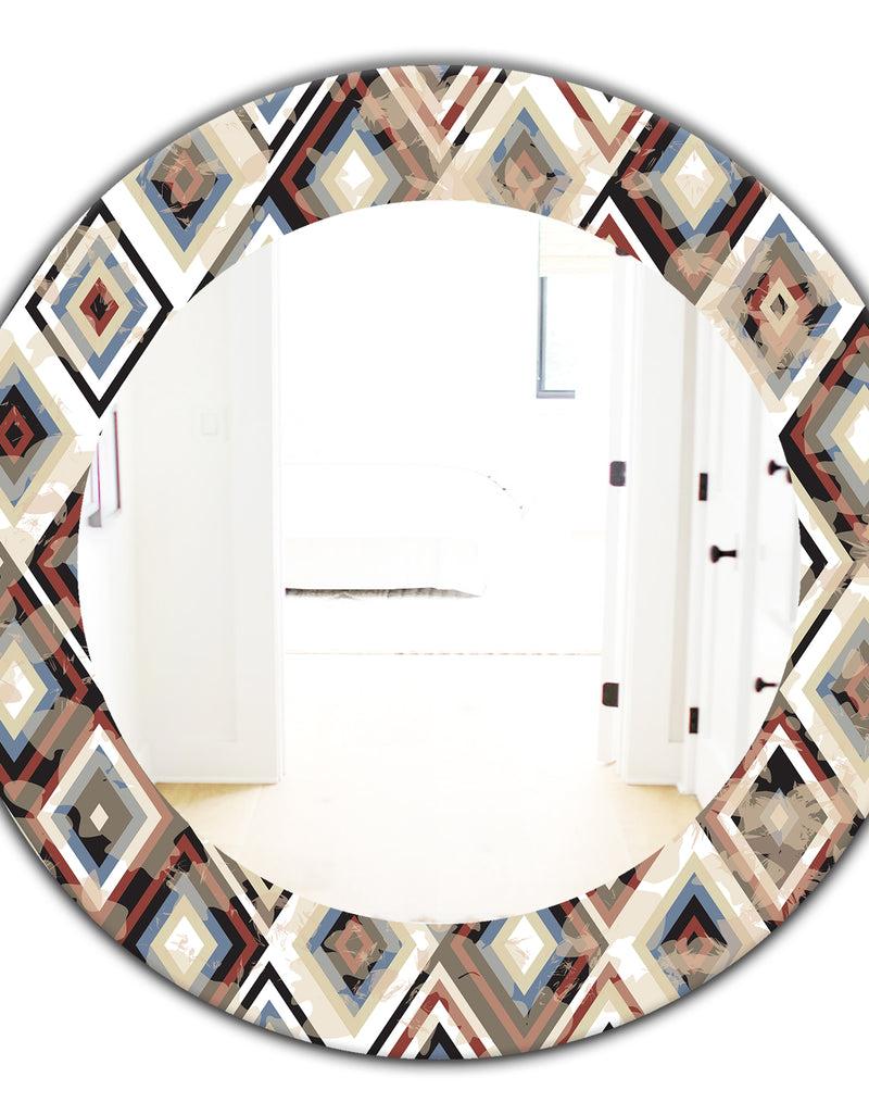 DesignQ Vintage Diamond Pattern In Blue And Brown - Bohemian And Eclectic Mirror - Oval Or Round Wall Mirror