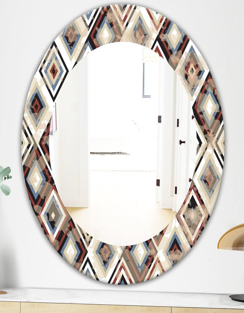 DesignQ Vintage Diamond Pattern In Blue And Brown - Bohemian And Eclectic Mirror - Oval Or Round Wall Mirror