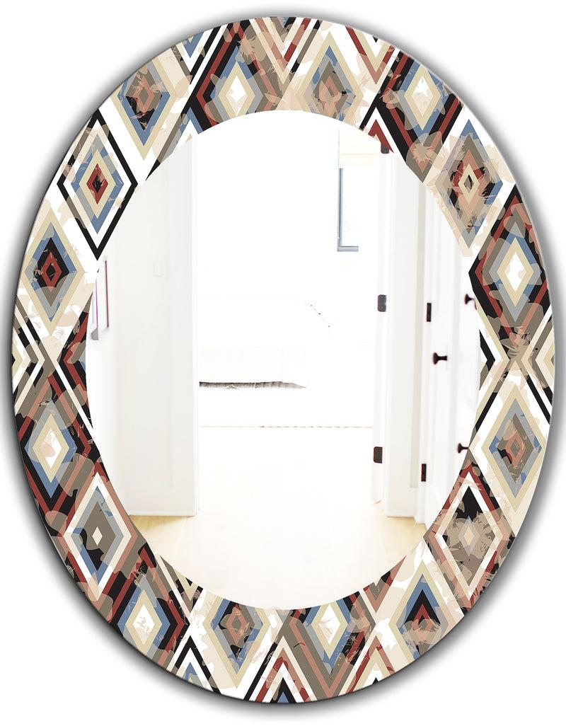 DesignQ Vintage Diamond Pattern In Blue And Brown - Bohemian And Eclectic Mirror - Oval Or Round Wall Mirror
