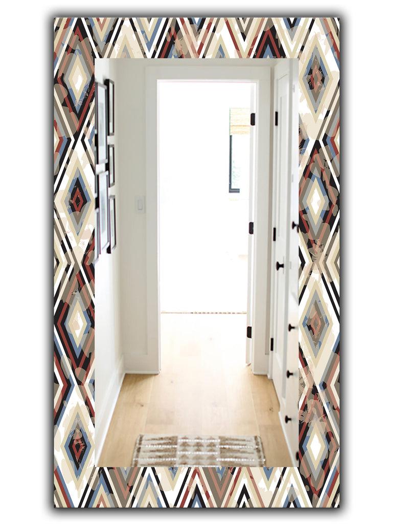 DesignQ Vintage Diamond Pattern In Blue And Brown - Bohemian And Eclectic Mirror - Modern Wall Mirror
