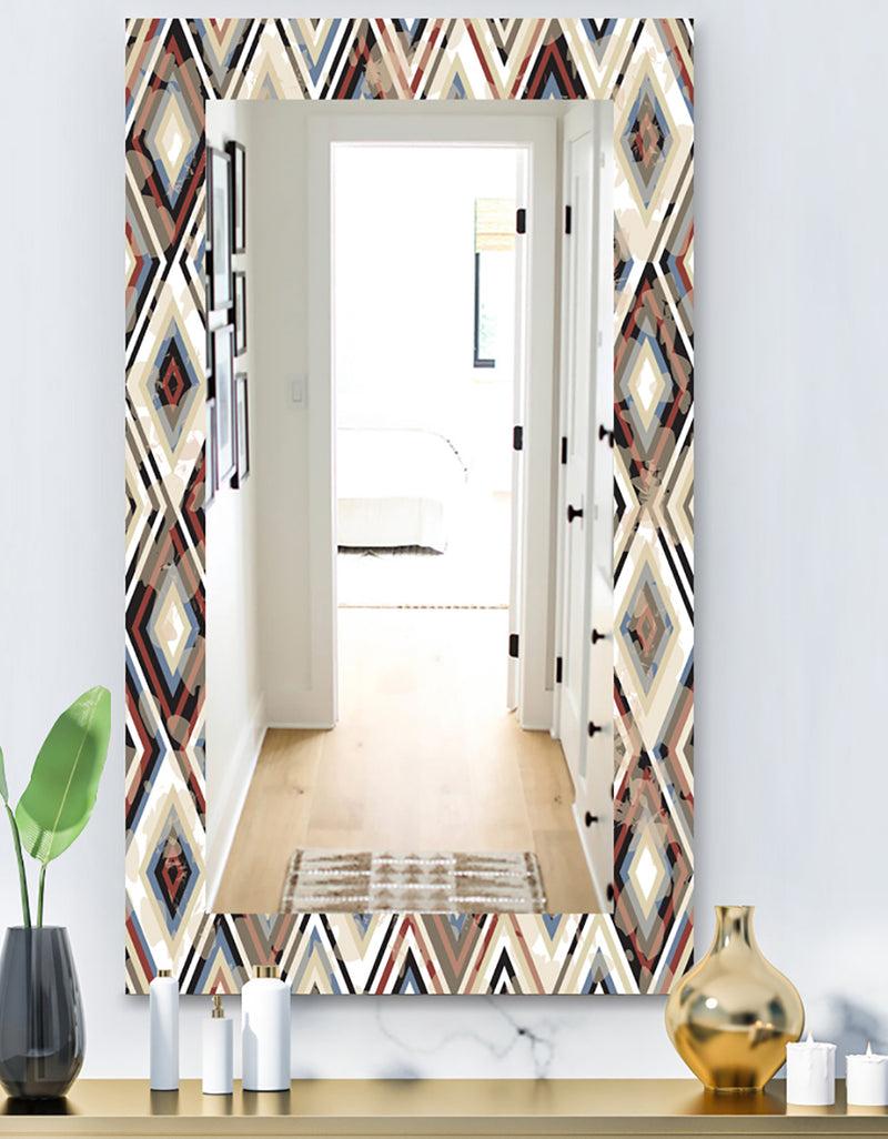 DesignQ Vintage Diamond Pattern In Blue and Brown - Bohemian and Eclectic Mirror - Modern Wall Mirror