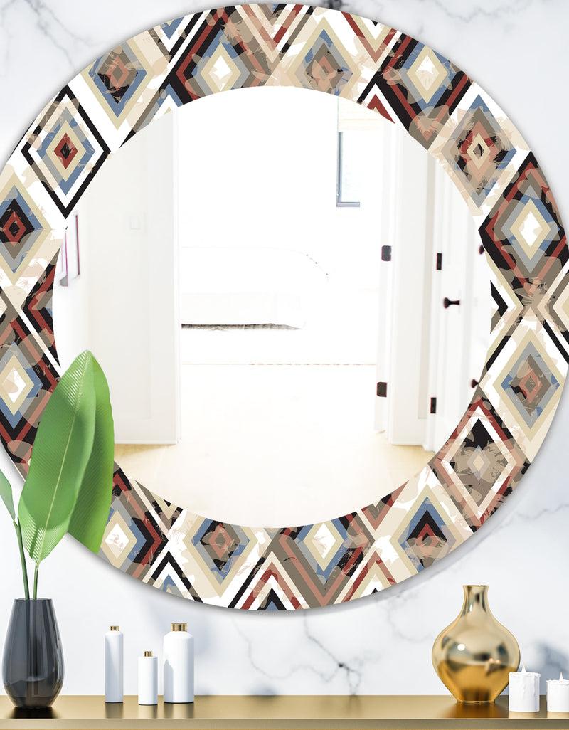 DesignQ Vintage Diamond Pattern In Blue and Brown - Bohemian and Eclectic Mirror - Oval or Round Wall Mirror