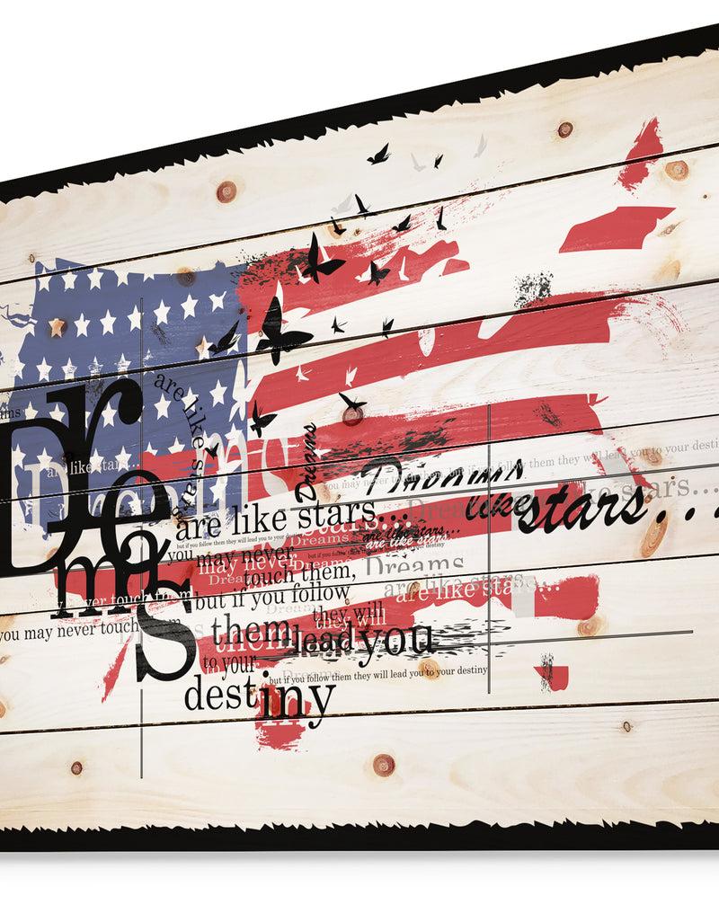 DesignQ Vintage Fashion USA Flag - Map Print On Natural Pine Wood