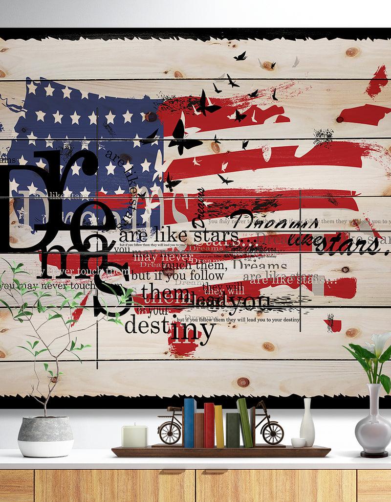 DesignQ Vintage Fashion USA Flag - Map Print on Natural Pine Wood