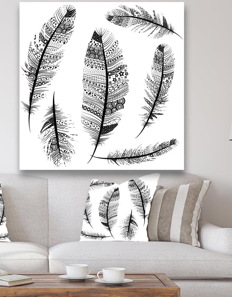 DesignQ Vintage Feathers With Tribal Patterns - Vintage Canvas Art