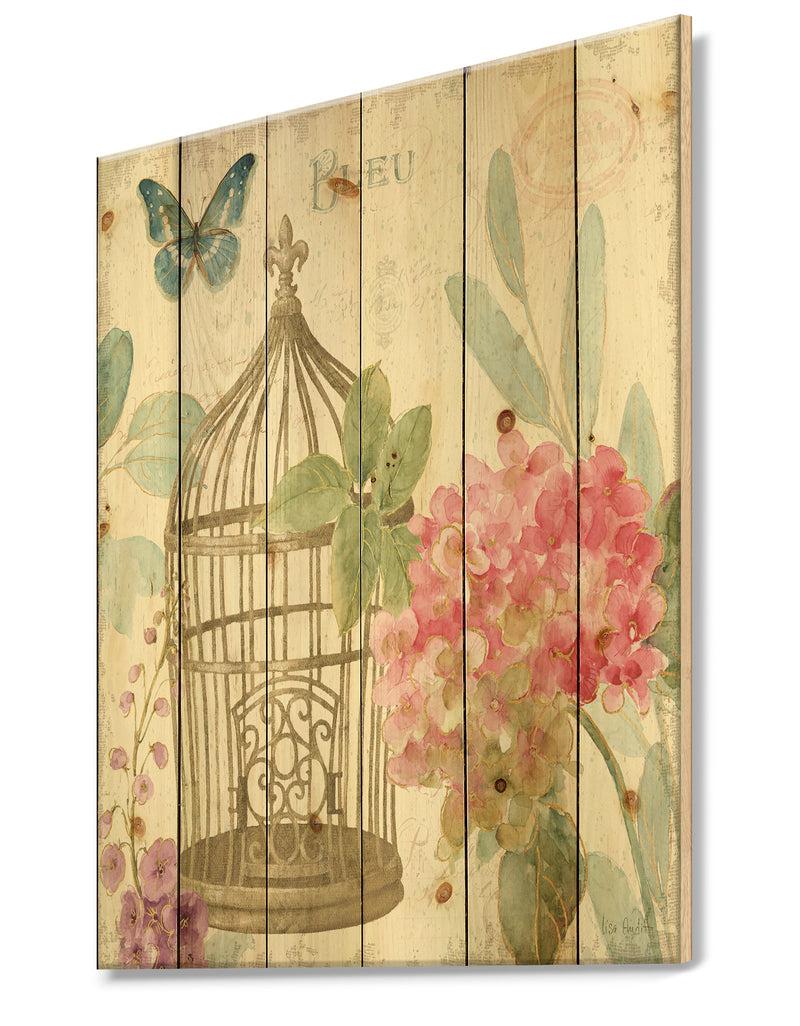 DesignQ Vintage Floral Birdcage I - Traditional Print On Natural Pine Wood