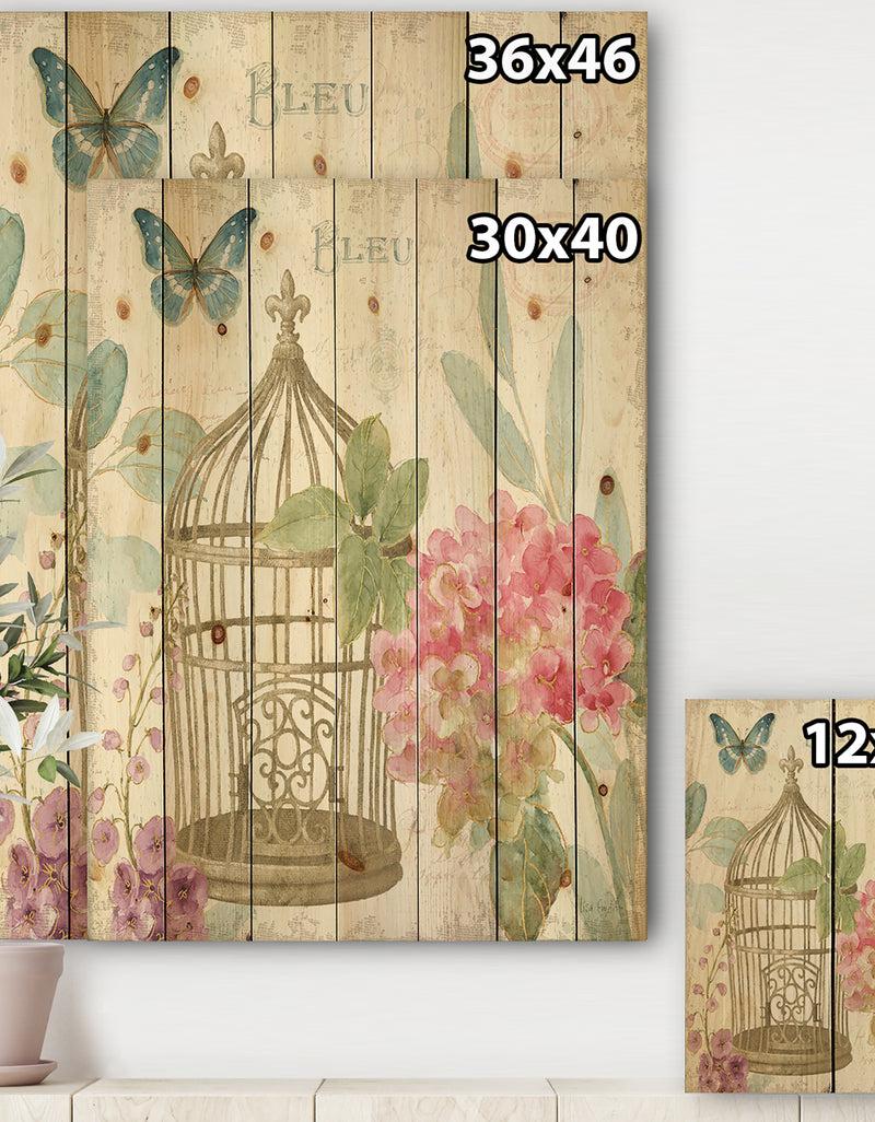 DesignQ Vintage Floral Birdcage I - Traditional Print On Natural Pine Wood