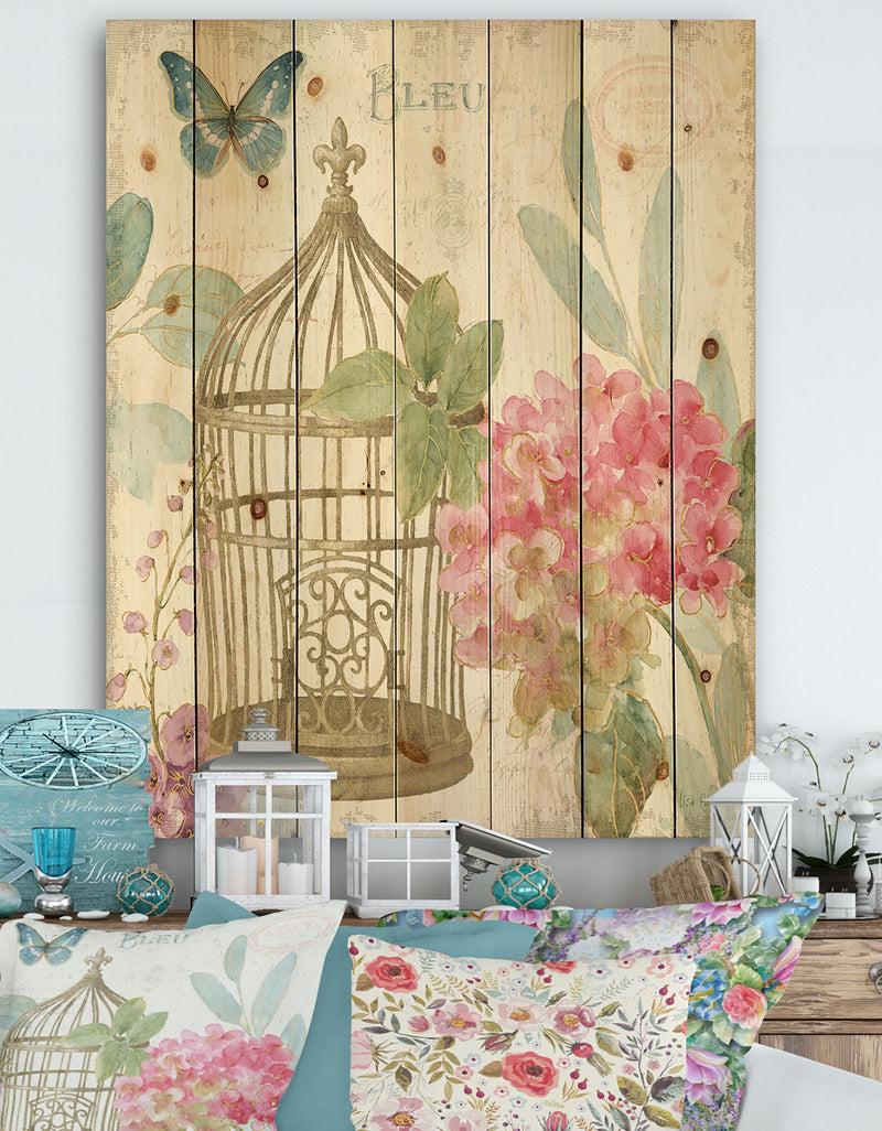 DesignQ Vintage Floral Birdcage I - Traditional Print on Natural Pine Wood