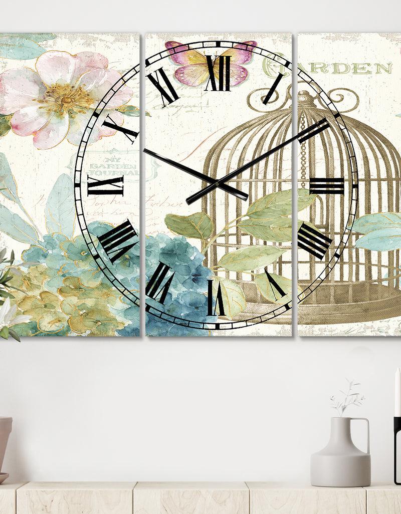 DesignQ Vintage Floral Birdcage II - Cottage 3 Panels Oversized Wall CLock