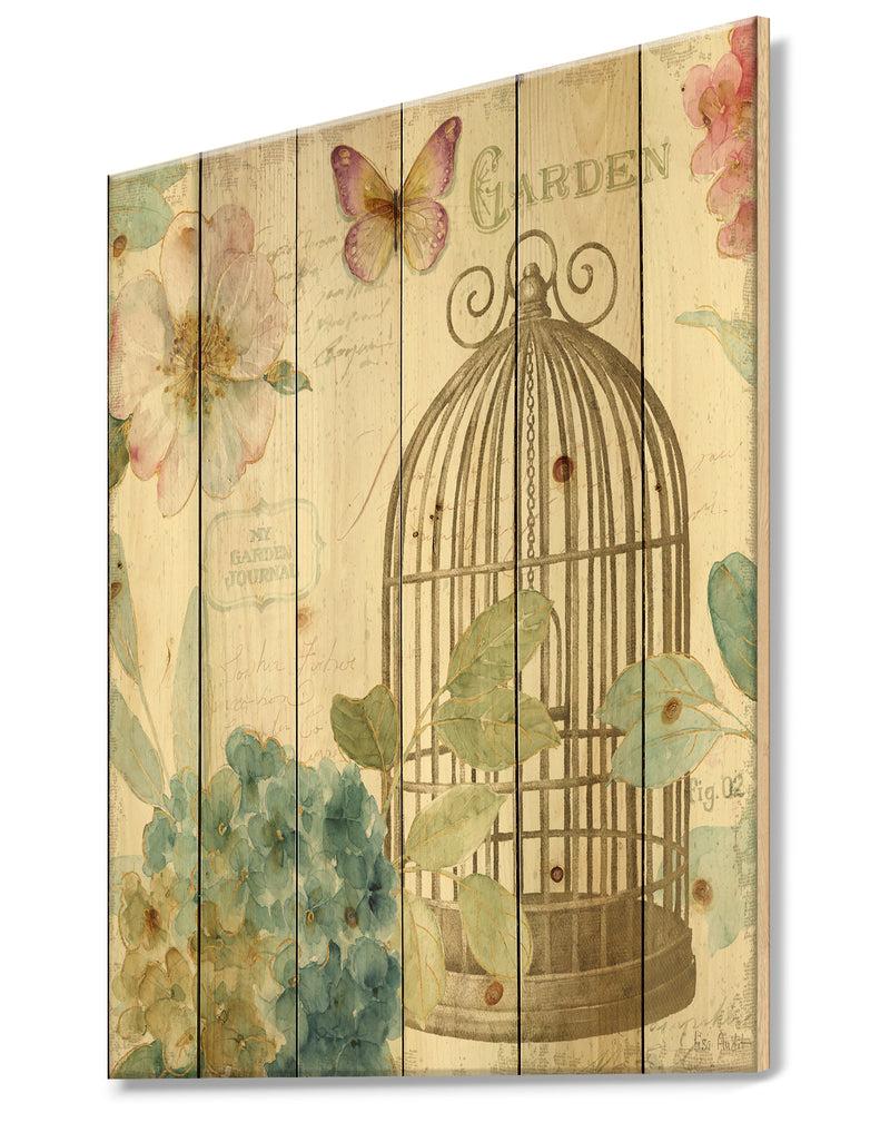 DesignQ Vintage Floral Birdcage II - Traditional Print On Natural Pine Wood