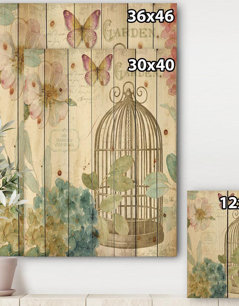 DesignQ Vintage Floral Birdcage II - Traditional Print On Natural Pine Wood