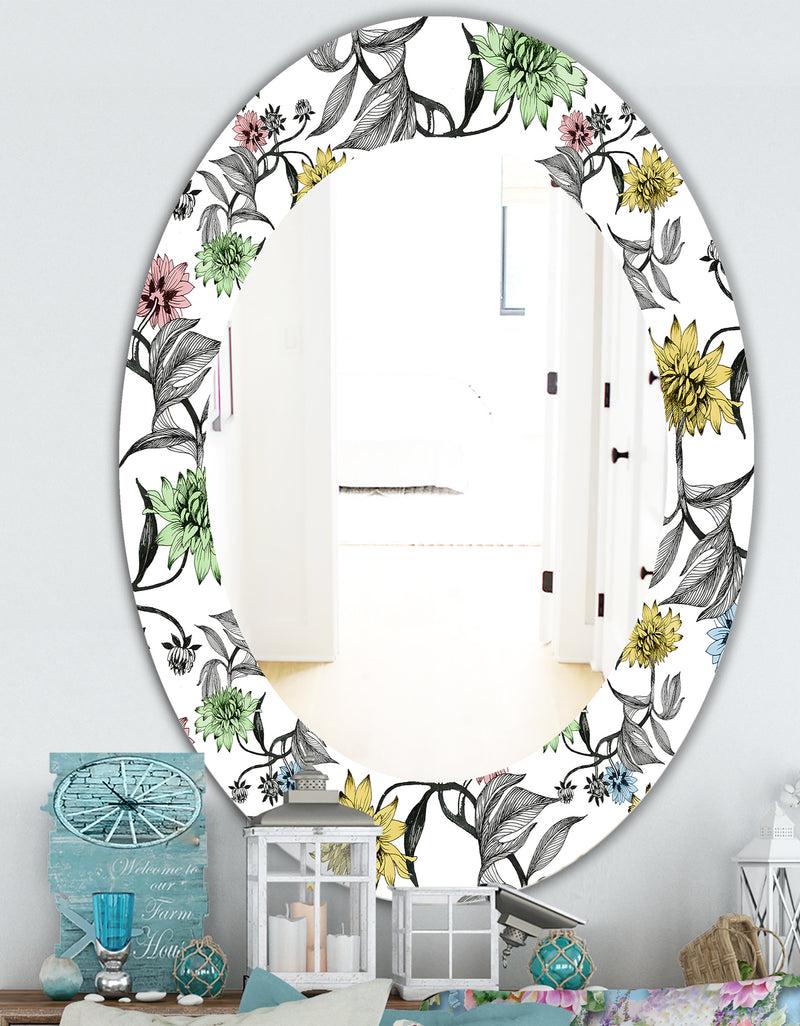 DesignQ Vintage Flowers 3 - Traditional Mirror - Frameless Oval Or Round Wall Mirror